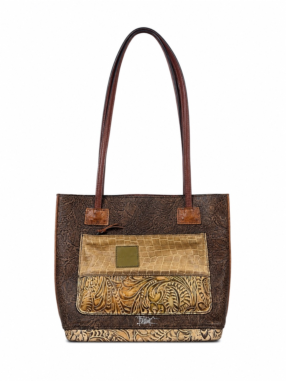 Western Patchwork Tooled Brown Tan Shoulder Tote Bag